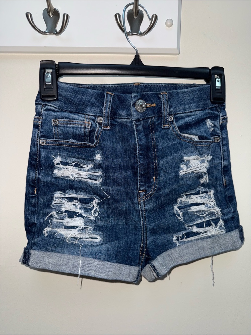 American Eagle Dark Blue Distressed Denim Shorts